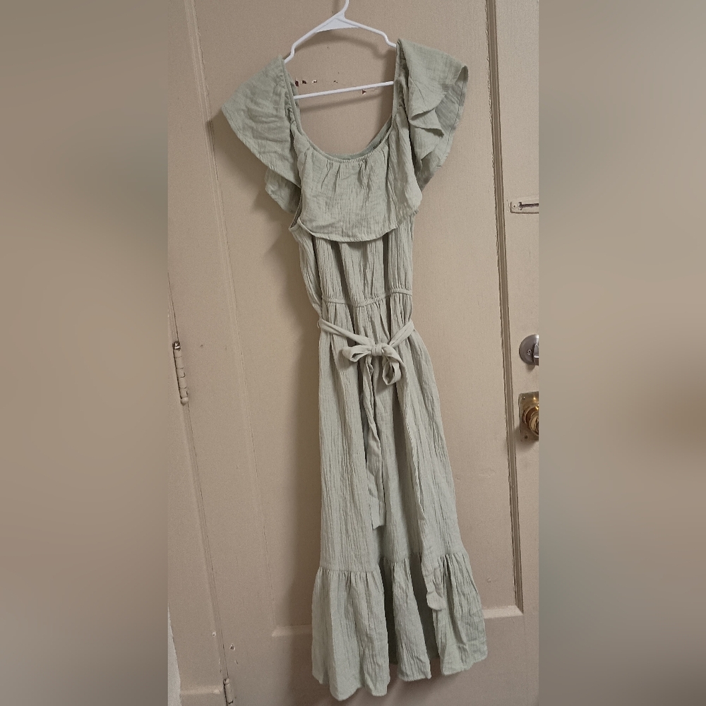 NWT Women's CATO Green Off The Shoulder Ruffle Maxi Tie Waist - Size Large